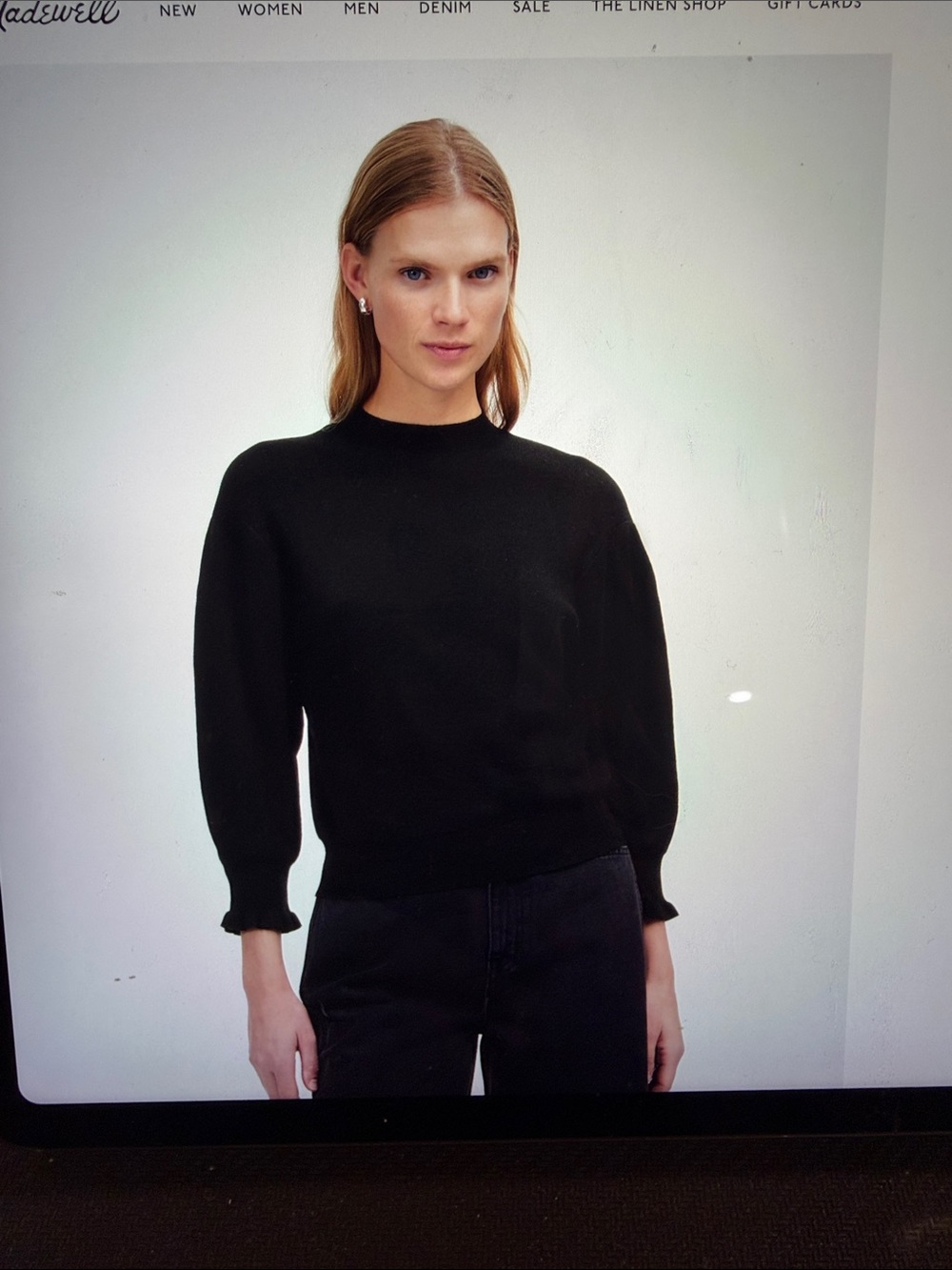 Madewell Black Crewneck Sweater with Subtle Puff Sleeves
